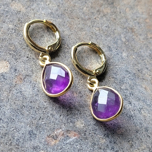 18k Gold Plated Amythest Teardrop Earrings - Picture 3 of 6